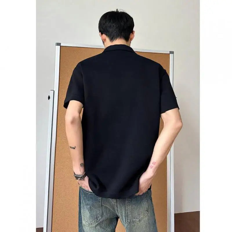 Voguable  Men Oversized Drop Shoulder Polo Shirt, Summer Breathable Short Sleeve Top, Minimalist Loose Fit Curved Hem Casual Wear Clothing voguable