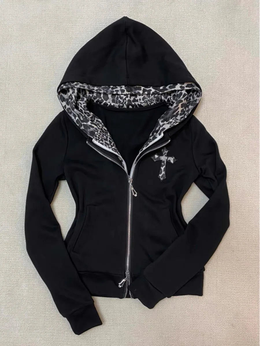 Voguable  Vintage Y2k Leopard Print Trend Girl Dressing Up Hoodies Black Classic Zip Up Gothic Sweatshirts for Women's Loose Hoodies voguable