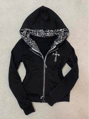 Voguable  Vintage Y2k Leopard Print Trend Girl Dressing Up Hoodies Black Classic Zip Up Gothic Sweatshirts for Women's Loose Hoodies voguable