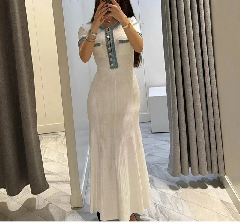 Denim Patchwork Kinitting Fashion Long Dress Tight Single Breasted Chic White Women Dress Versatile Street Summer Spring Vestido voguable