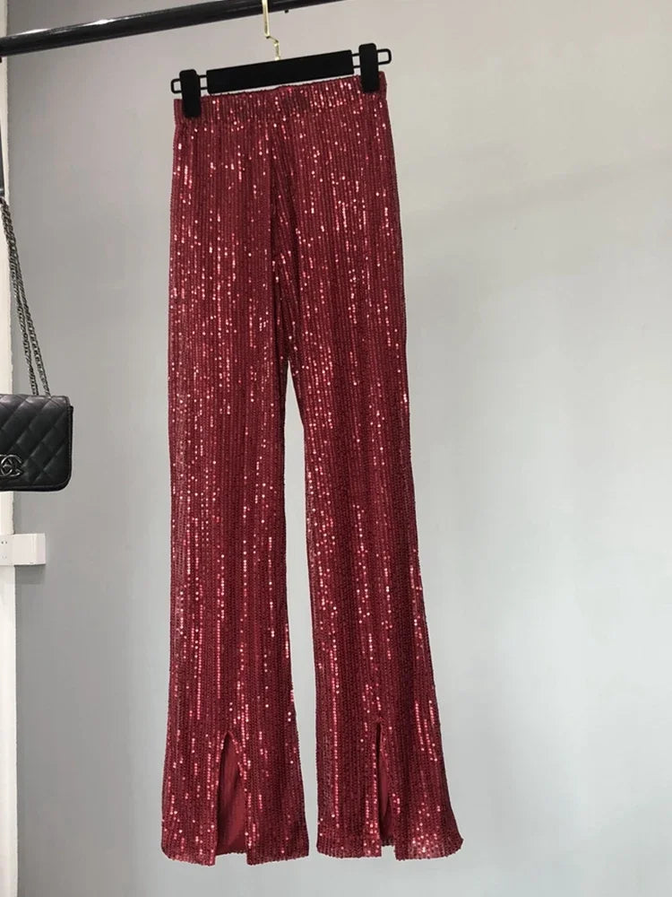 Voguable  New Autumn and Winter Women's Fashionable Shiny White Trousers, Versatile Slimming High Waist Sequined Flared Trousers voguable