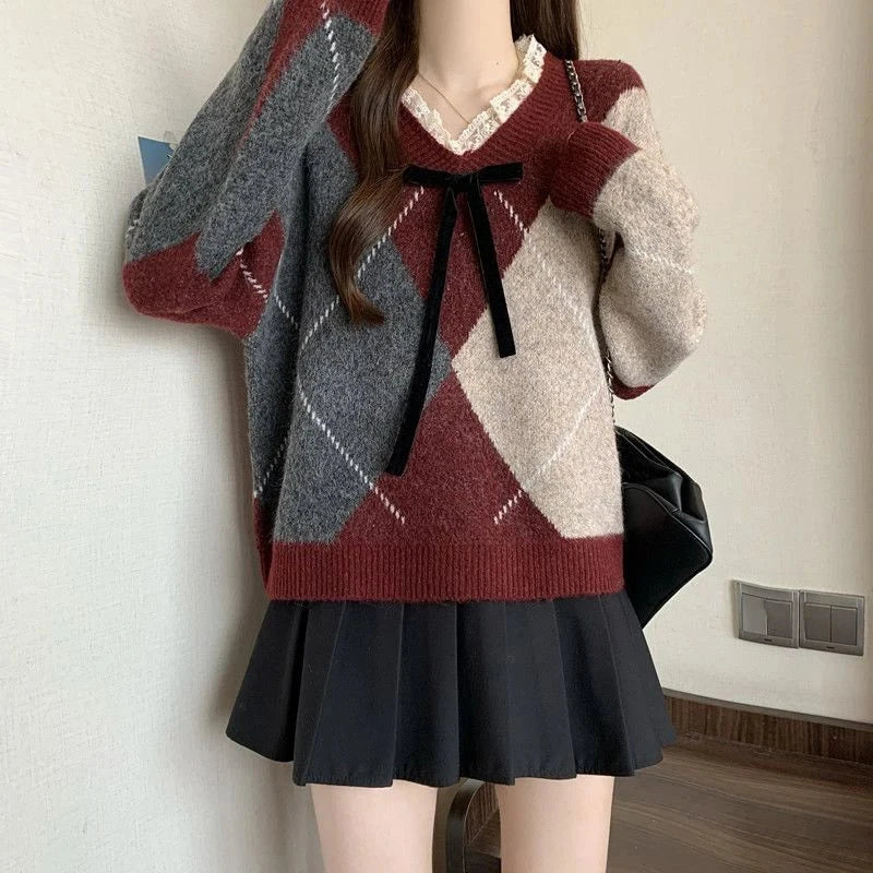 Sweet Bow Argyle Sweaters Women Retro Preppy Style Loose Knitted Pullover Lace Patchwork Long Sleeve Female Vintage Jumpers Fall voguable