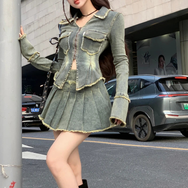 Voguable Autumn New Streetwear Distressed Washed Casual Long-sleeved Jacket Women + High Waist Pleated Denim Skirt Two-piece Suit voguable