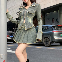 Voguable Autumn New Streetwear Distressed Washed Casual Long-sleeved Jacket Women + High Waist Pleated Denim Skirt Two-piece Suit voguable
