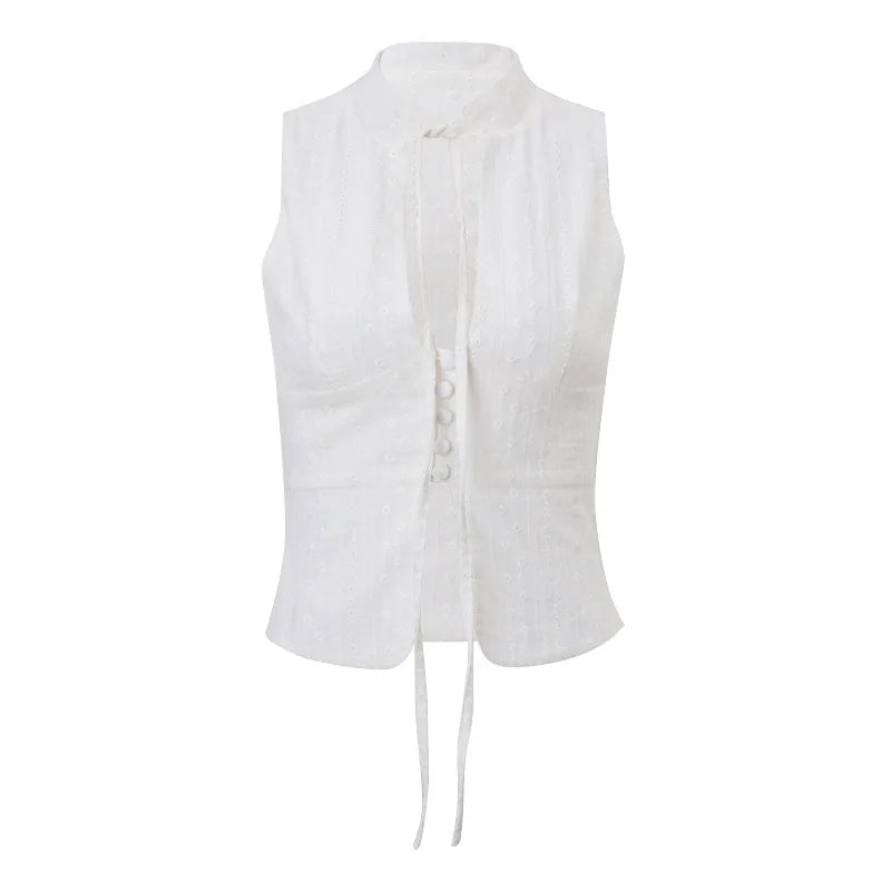 y2k Tank Top Women Summer Clothes White Flower Embroidery Mock Neck Front Cutout Sleeveless T Shirt Vest Streetwear voguable