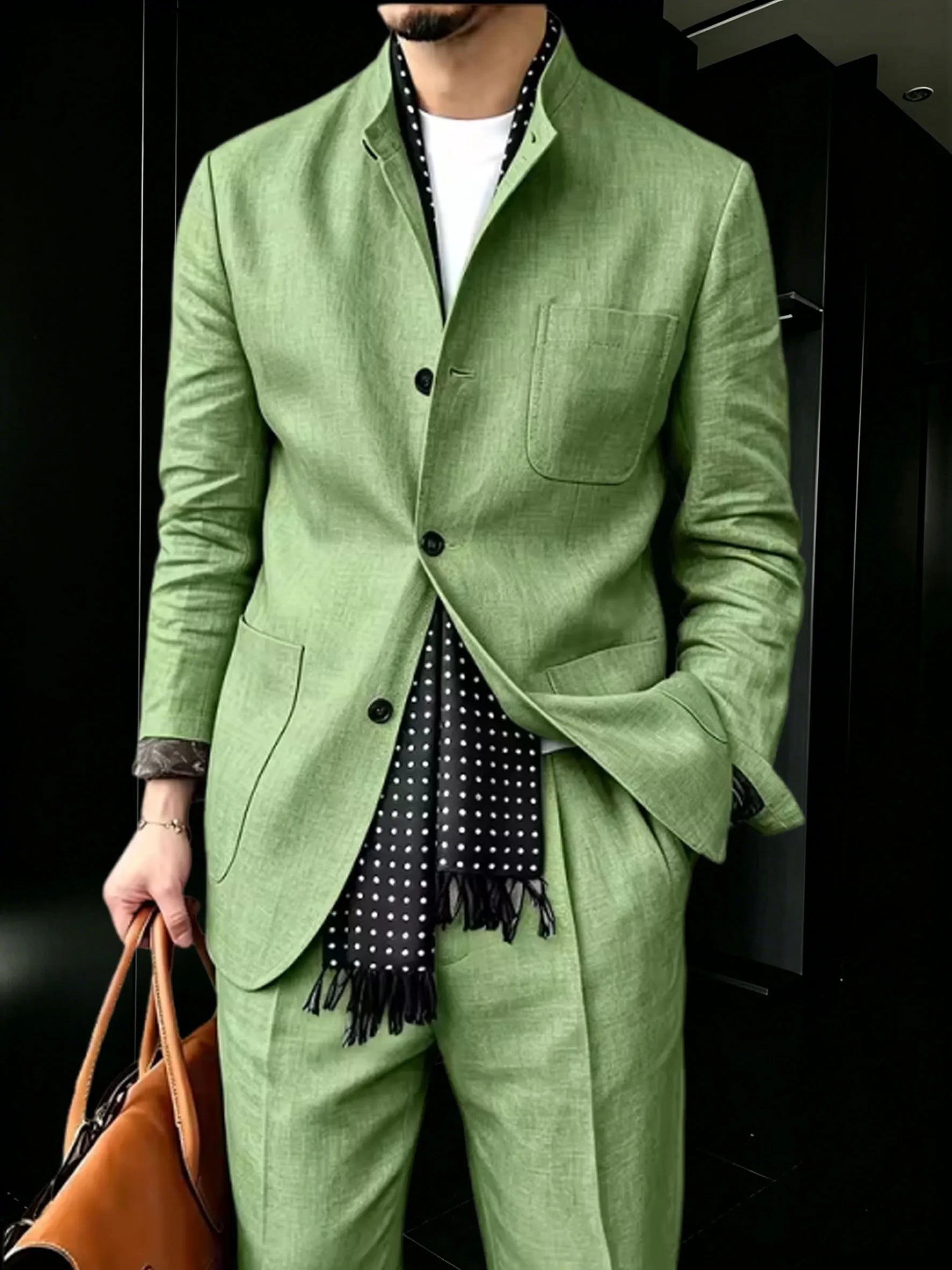 Voguable  Men's Linen Blend 2 Piece Suit Set Stand Collar Three Button Breathable Casual Blazer Pants For Business Daily Wear Summer voguable