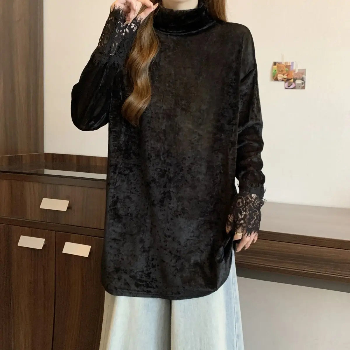 Korean Fashion Lace Women Clothing Turtleneck T-Shirts Bottoming Vintage Female Spring Autumn New Loose Casual Long Sleeve Tops voguable