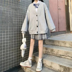 Japanese Preppy Style Autumn Winter New Coats Women V-Neck Solid Pockets Button Fashion Preppy Style Loose Cardigan Jackets voguable