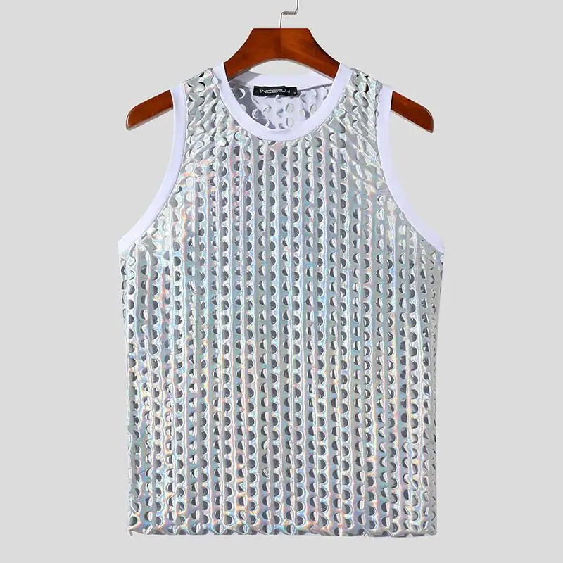 Men Tank Tops Sparkling O-neck Sleeveless Streetwear Hollow Out Vests Summer Sexy Fashion Party Men Clothing S-5XL voguable