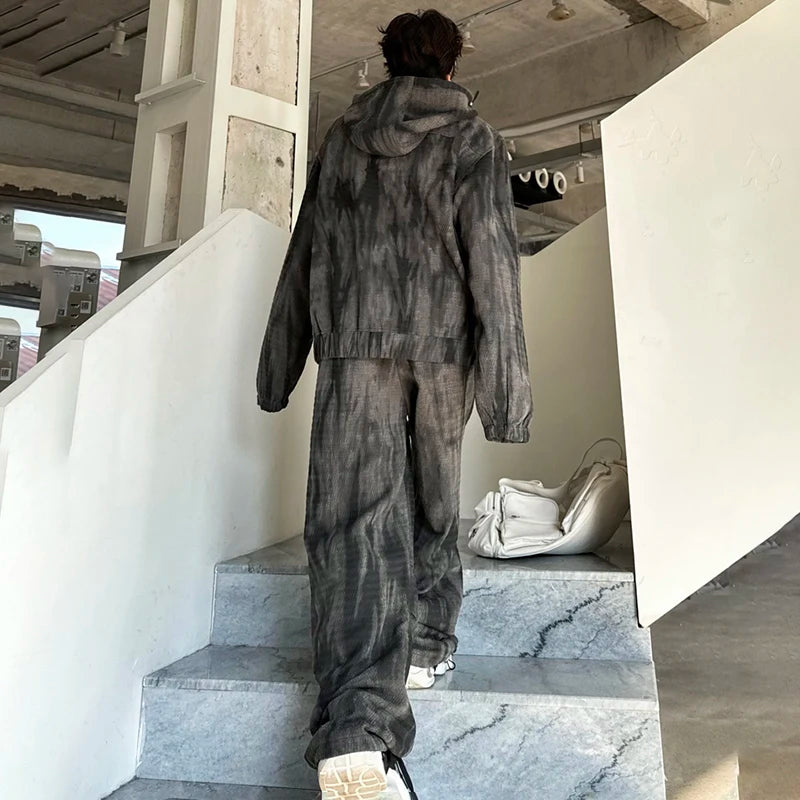 Voguable 2024 Spring Tie-dyed Design Fashion Loose High Street Hooded Jacket Loose Casual Pants Men's Trendy Two-piece Sets voguable