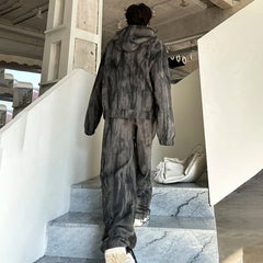 Voguable 2024 Spring Tie-dyed Design Fashion Loose High Street Hooded Jacket Loose Casual Pants Men's Trendy Two-piece Sets voguable