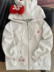 Kawaii Print Bow Hoodies Women Sweet Lace Patchwork Long Sleeve Cute Sweatshirts Japan Loose Pockets Letter Female Zipper Tops voguable