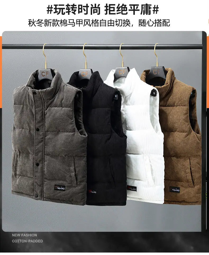 Vests Jacket Men Autumn Winter Stand Collar Warm Sleeveless Leisure Down Cotton-Padded Vest Coat Thickened Corduroy Warm Coat voguable