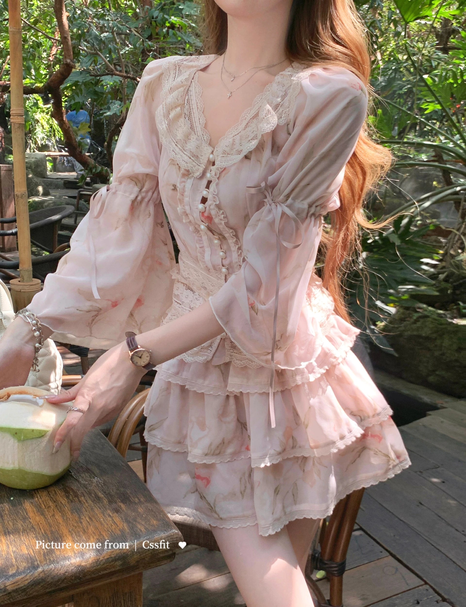 Women Print Lace Two Pieces Sets French Elegant Spliced Ruffles Slim Waist Lace-up O-Neck Top + Cake A-Line Skirt Summer Fashion voguable