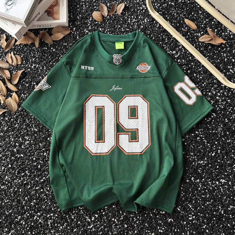 American Retro Jersey Short-sleeved T-shirt Men's Trendy Quick-drying Mesh Breathable Loose Casual V-neck Racing Suit Top Chic voguable