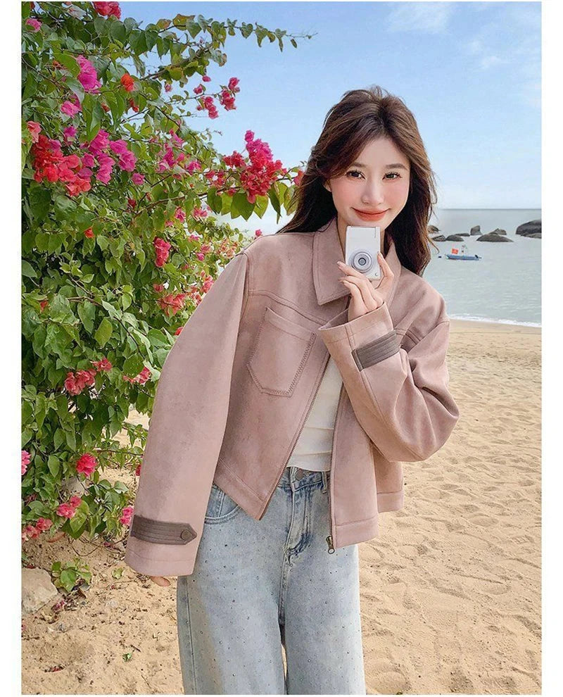 Pink Y2K Faux Suede Jacket Women Vintage Streetwear Long Sleeve Loose Coat Korean Casual Harajuku Fall Winter Outwear Tops voguable