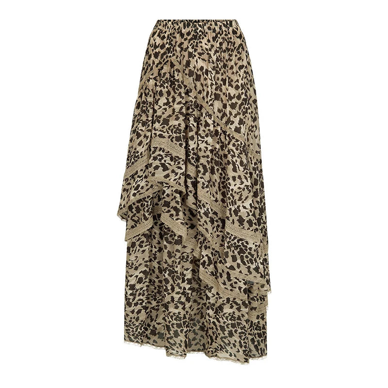 TARUXY Summer New Leopard Printed Maxi Skirt Women's Ruffled Patchwork Fashion Loose High Waist Bandage Female Club Party Skirt voguable