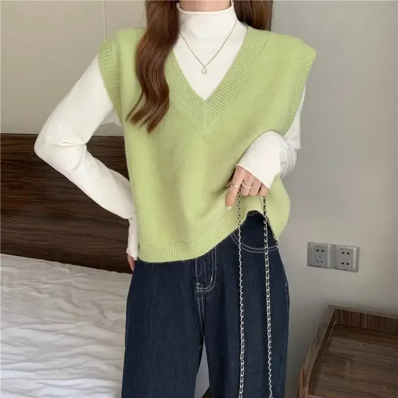 Women's Sweater Yellow Vest Short Knit Tops for Woman Green Crop V-neck Korean Style Winter Thermal Blouse Tall Long Sleeve Warm voguable
