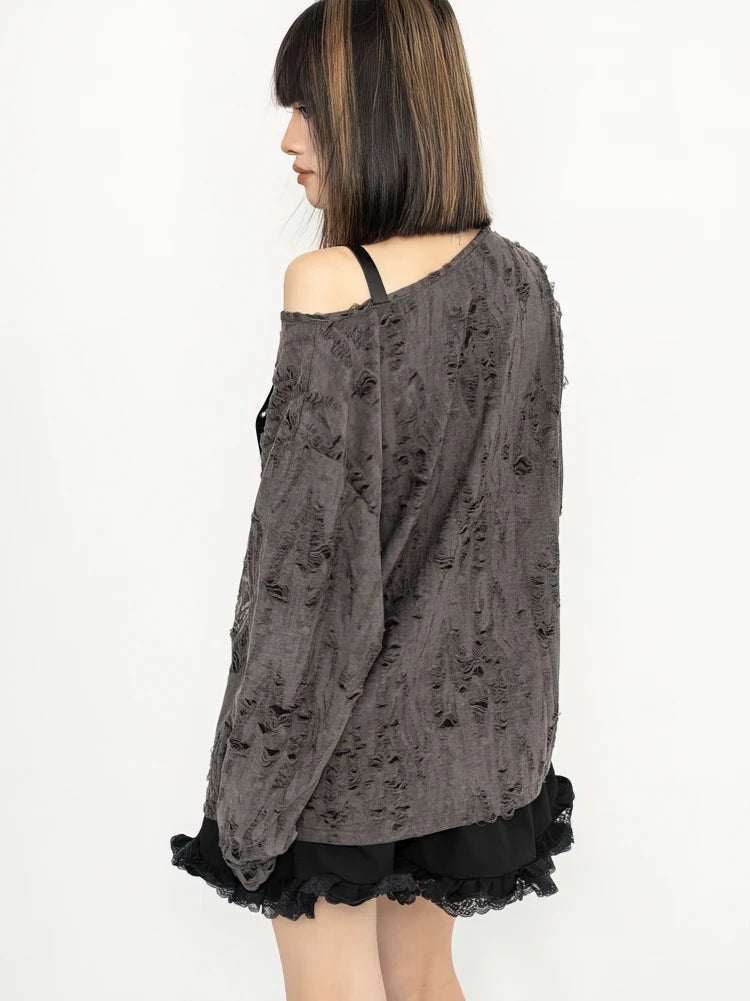 Y2k Long sleeve T shirt Women Off shoulder Oversize Tops Female Spring Autumn Vintage Holes Basic Tees Streetwear Chic voguable