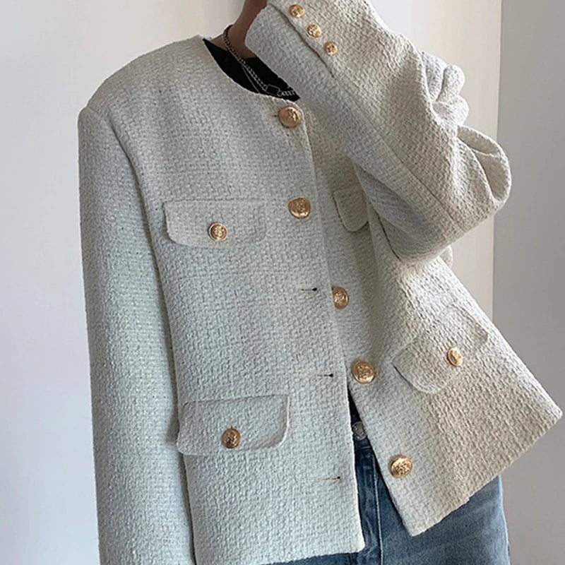 Korean Style Fashionable Tweed Round Neck Jacket Men Japanese Trendy High-end Single-breasted Short Jacket with Temperament voguable