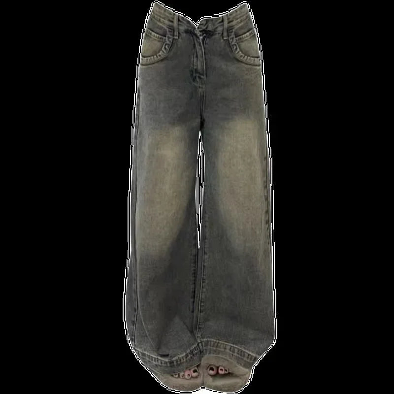 Vintage Distressed Wide-leg Jeans Women's Spring Summer New Loose-fit Slimming Draped Versatile Trailing Straight-leg Trousers voguable
