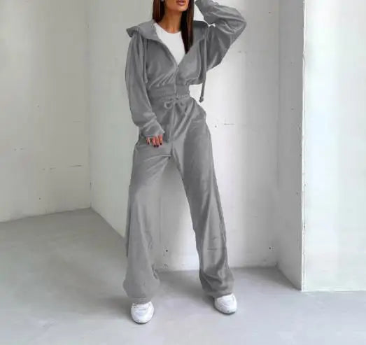 Voguable  Autumn/Winter New Women's Fashion Solid Color Hooded Casual Zipper Sports Suede Jacket Pants Set Women's Wear voguable