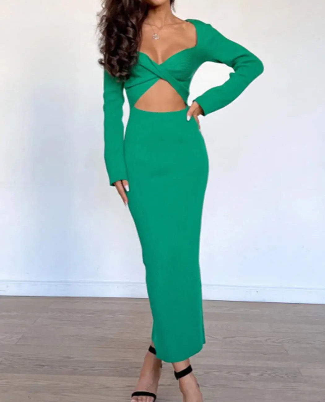 Front And Back Two-Wear Long-sleeved Rib Knitted Dress Autumn Simple Fashion Hollow V-neck Long Dresses For Women Vestidos voguable