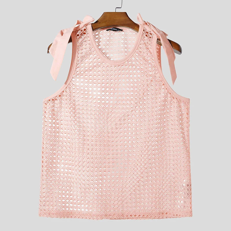 Summer Men Tank Tops Hollow Out See Through Bow Patchwork Sleeveless Male Vests Streetwear Sexy 2025 Fashion Men Clothes voguable