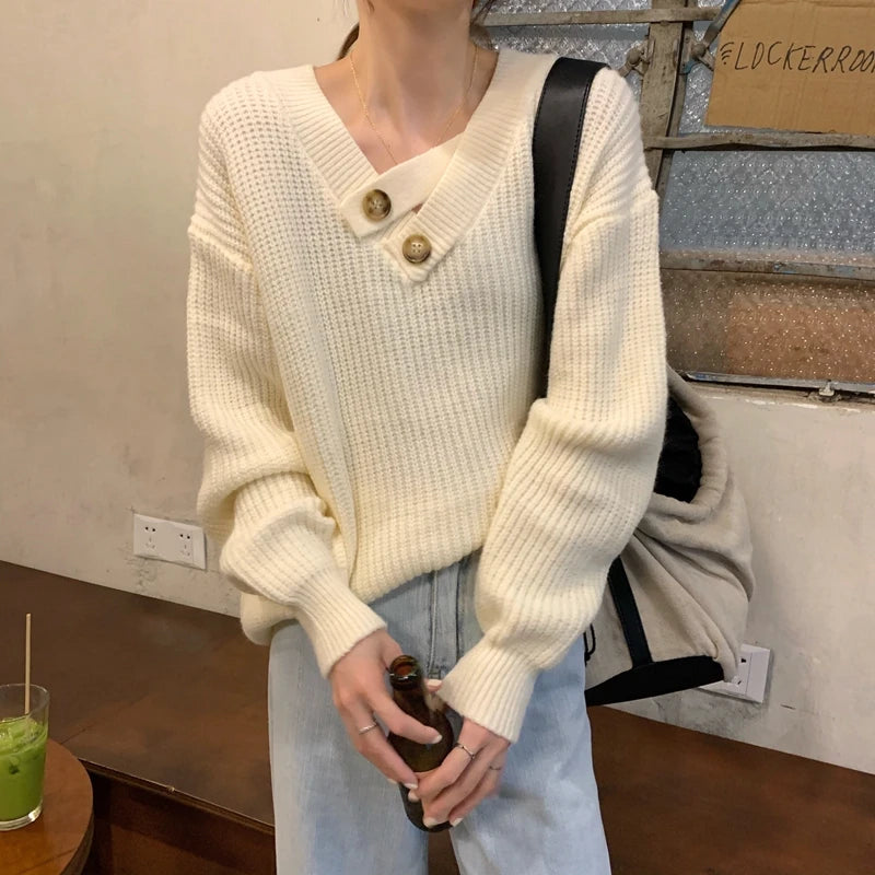 V-neck Knit Pullover Women Slouchy Long Sleeve Drop Shoulder Sweater with Buttoned Strap Cozy Knitwear Autumn Winter Chic Outfit voguable