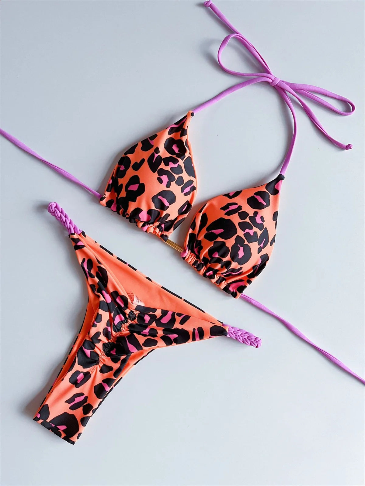 Voguable Sexy Micro Bikini Women Orange Leopard Push Up Padded Thong Swimsuit Female Cut Out Bathing Suit Swimwear voguable