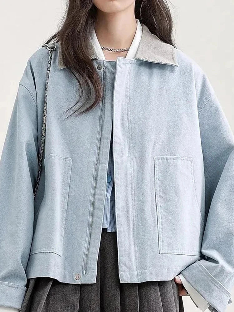 Blue Cargo Jacket Women Sweet Preppy Style Long Sleeve Retro Coat Casual Patchwork Turn Down Collar Korean Fall Outwear Top voguable