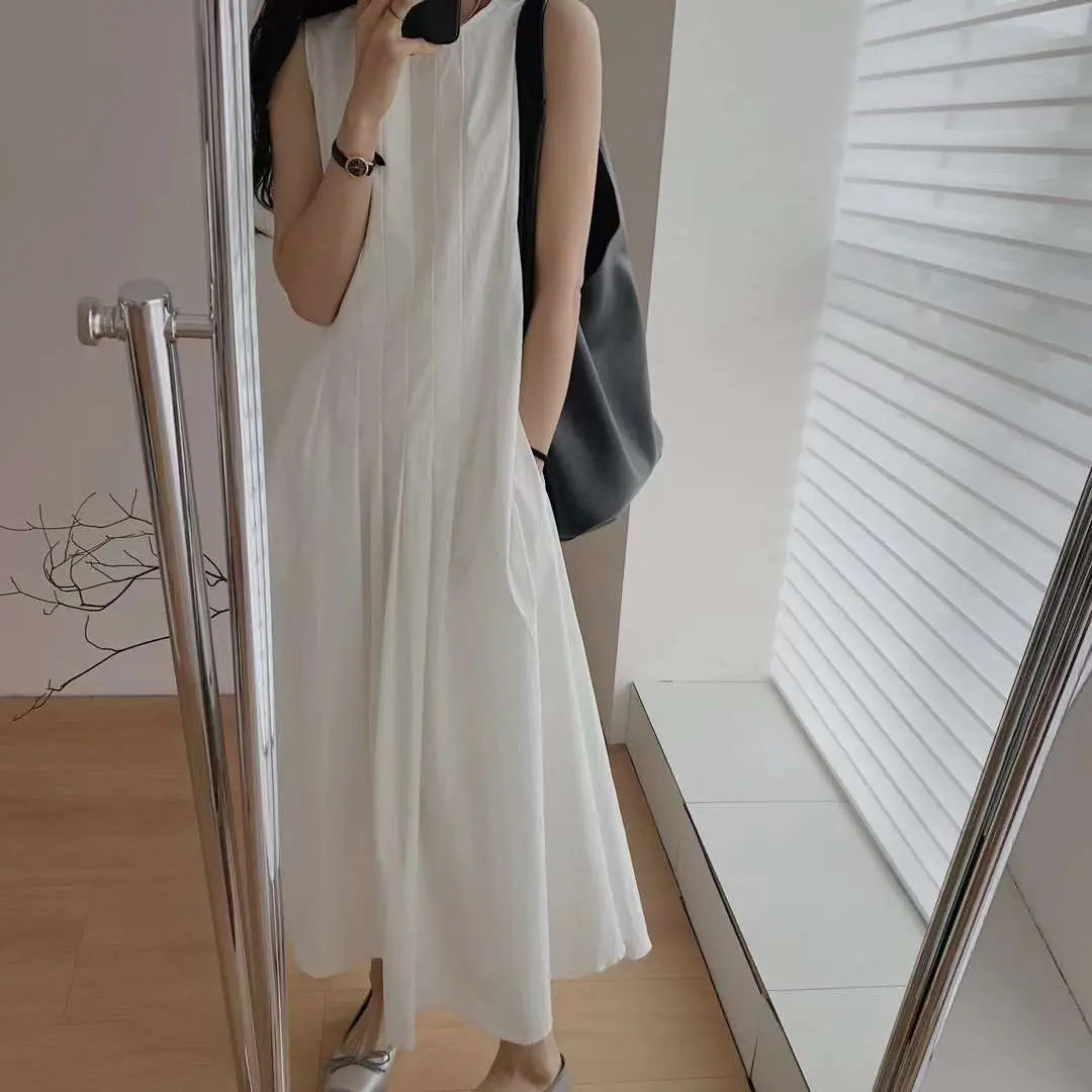 Voguable Women Casual Sleeveless Round Neck Solid Color Dresses 2023 Summer Japan Style Loose Fit High Waist Camisole Elegant Dress voguable