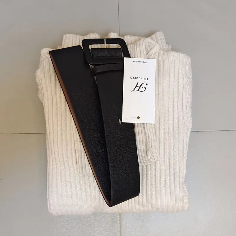 Queen Knitted Bodycon Dress Bottoming Women Soft Elastic Turtleneck Sweater Autumn Winter Midi Party Dresses With Belt voguable