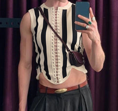 Men Tank Tops Striped Lace Up Sleeveless Summer Knitted Male Vests Streetwear Hollow Out Sexy Fashion Unisex Crop Tops INCERUN voguable