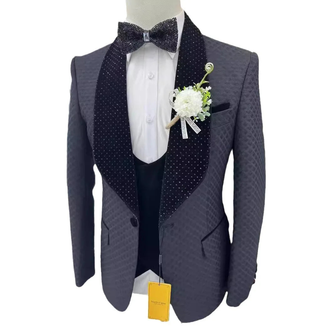 Man Suit Fine Pressed Diamond Men's Wedding Casual Host Suit 3 Pieces   Wedding Suits for Men voguable