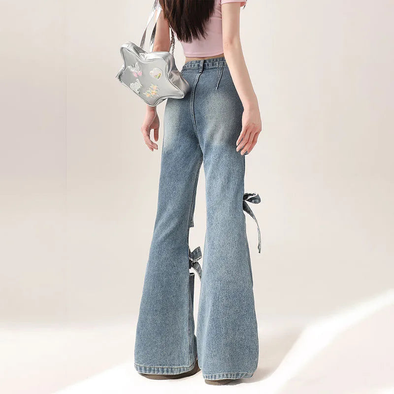 Voguable  High Street Hollow Strap Bow Jeans Women's Spring Summer New High Waist Slimming Spice Girls Denim Wide Leg Horn Pants voguable