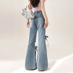 Voguable  High Street Hollow Strap Bow Jeans Women's Spring Summer New High Waist Slimming Spice Girls Denim Wide Leg Horn Pants voguable