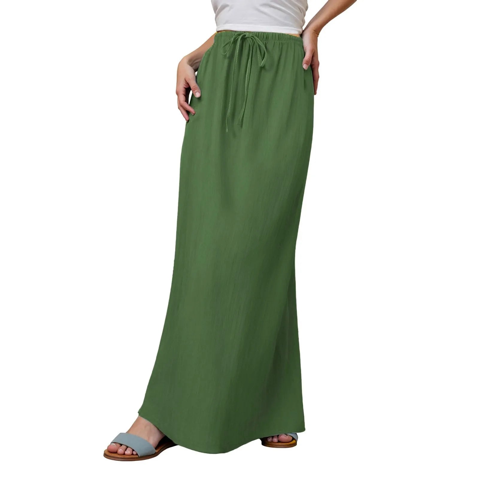 Voguable  Solid Color Straight Drawstring Elastic Waist Casual Ladies Skirt Summer Simple New Versatile Loose Long Skirt for Women voguable