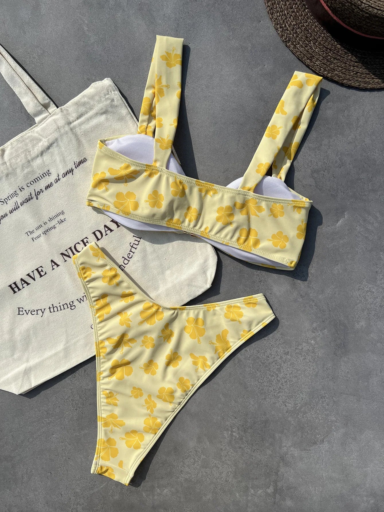 Voguable  Sexy Yellow Floral Print Bikini Set Women Metal 3D Flower Pleate Push Up High Waist Swimsuit Summer Bathing Suit Swimwear voguable