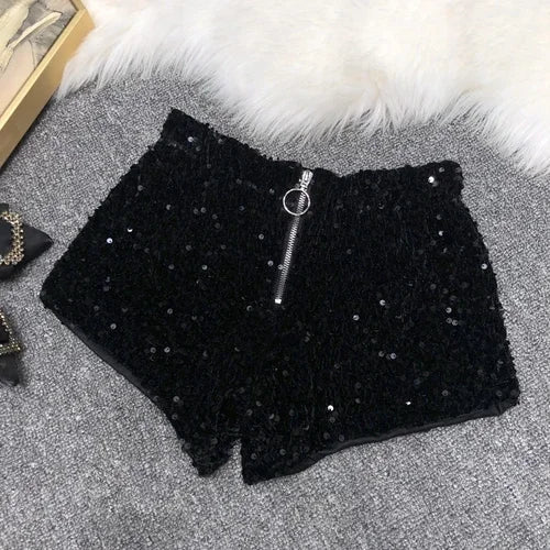 Voguable  Whole Body The New Sparkling Sequins Shorts Women Short Zipper Nightclub Woman Slim Fit for Silver and Black   Sexy Shorts voguable