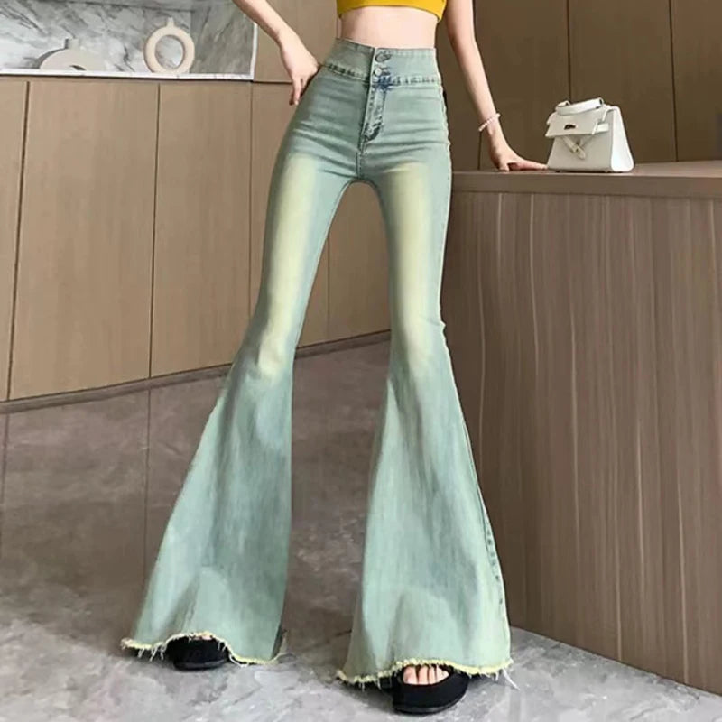 Y2K Vintage Raw Edge Flare Jeans Women Korean High Waist Slim Denim Pants Solid Hip Hop Streetwear All Match Wide Leg Trousers voguable