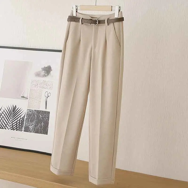 Fall Warm Woolen Belt Harem Pencil Pants Women High Waist Ankle Length Casual Suit Pants Korean Chic Office Lady Trousers voguable
