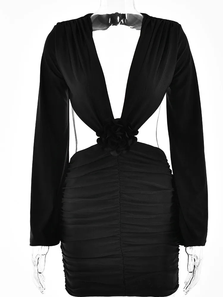 Sexy Deep V 3D Flower Women's Dress Bodycon Hollow Out  Backless Long Sleeve Folds Female Mini Dress Party Club voguable