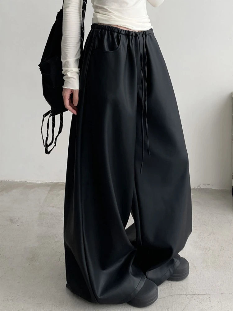 Black Pu Leather Pants Women Y2K Korean Elegant Fashion Drawstring Wide Leg Trousers High Waist Oversized Streetwear Trousers voguable