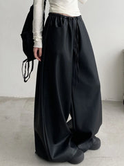 Black Pu Leather Pants Women Y2K Korean Elegant Fashion Drawstring Wide Leg Trousers High Waist Oversized Streetwear Trousers voguable