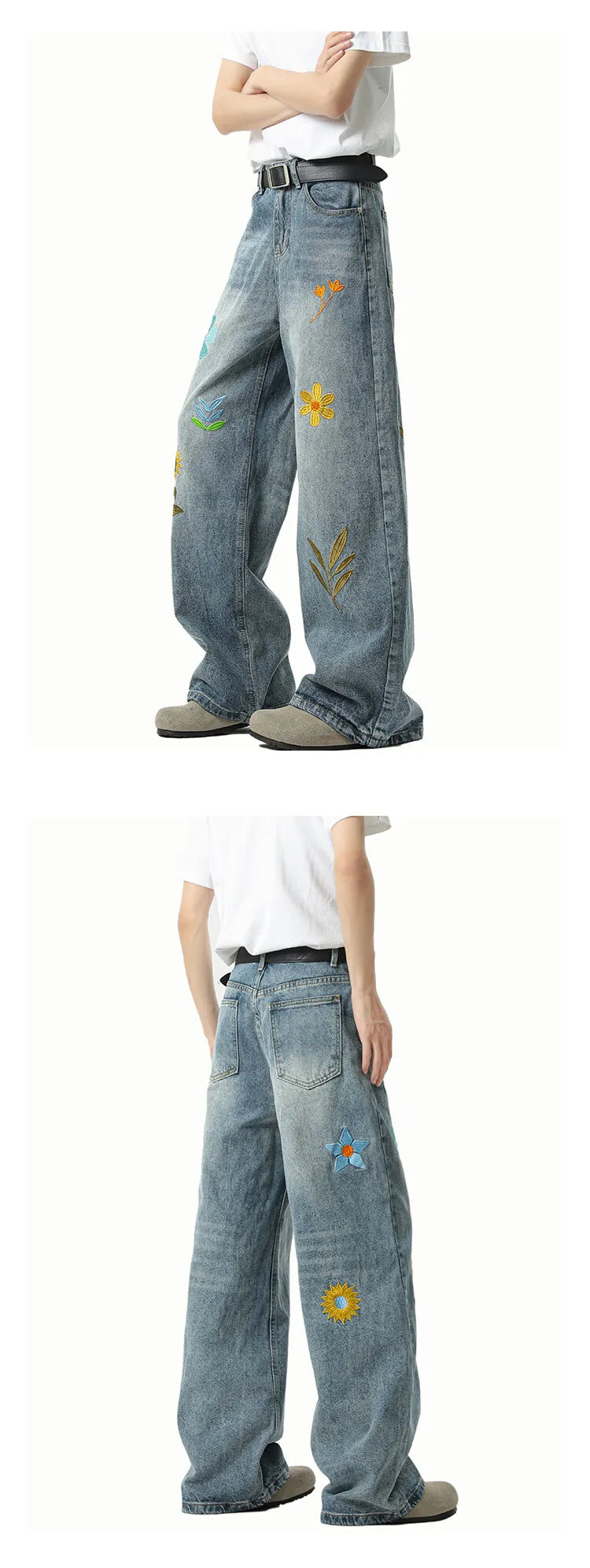 Jeans Men Washed Embroidered Jeans Loose Fit Straight Wide Leg Casual Denim Pants Fashion Trendy Streetwear Trousers Comfort voguable