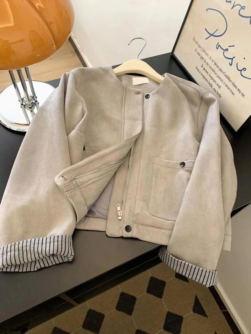 Women Faux Suede Y2K Jacket American Retro O Neck Long Sleeve Casual Coat Retro Casual Harajuku Streetwear Fall Winter Tops voguable