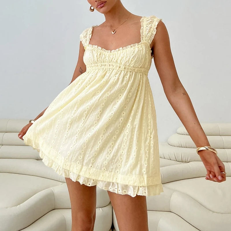Women Backless Babydoll Dress Jacquard Eyelet Ruffle Hem Dress Vintage Lace Square Neck Frill Bust High Waist A-Line Sundress voguable