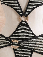 Voguable  Ribbed Stripe One Piece Bathing Suit Textured Fabric Halter String Bikini Two Metal Ring Hollow Out Cross High Leg Swimsuit voguable
