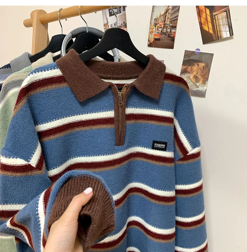Voguable  Japan Men's Y2K Knitted Warm Polo Knit Striped Turtleneck Sweater Shirts Winter Streetwear Knitwear Korean Clothes Jumper Men voguable